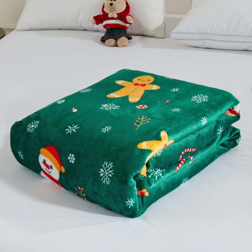 91家纺网 家纺一手货源 找家纺 悦织湾家纺 2025新款圣诞风双面绒毛毯毯子牛奶绒印花法兰绒210克重法莱绒可铺可盖床单被子 绿色雪人