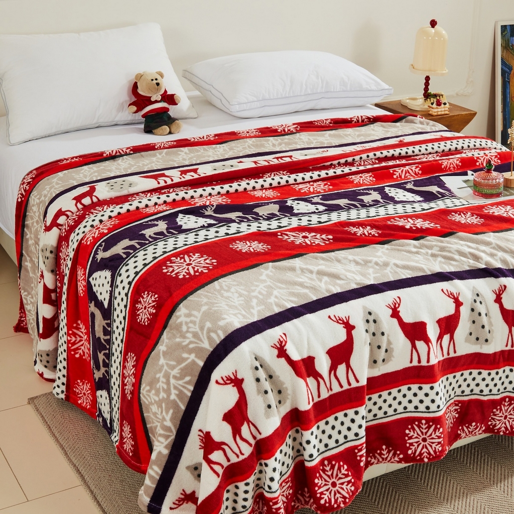 悦织湾家纺 2025新款圣诞风双面绒毛毯毯子牛奶绒印花法兰绒210克重法莱绒可铺可盖床单被子 圣诞鹿