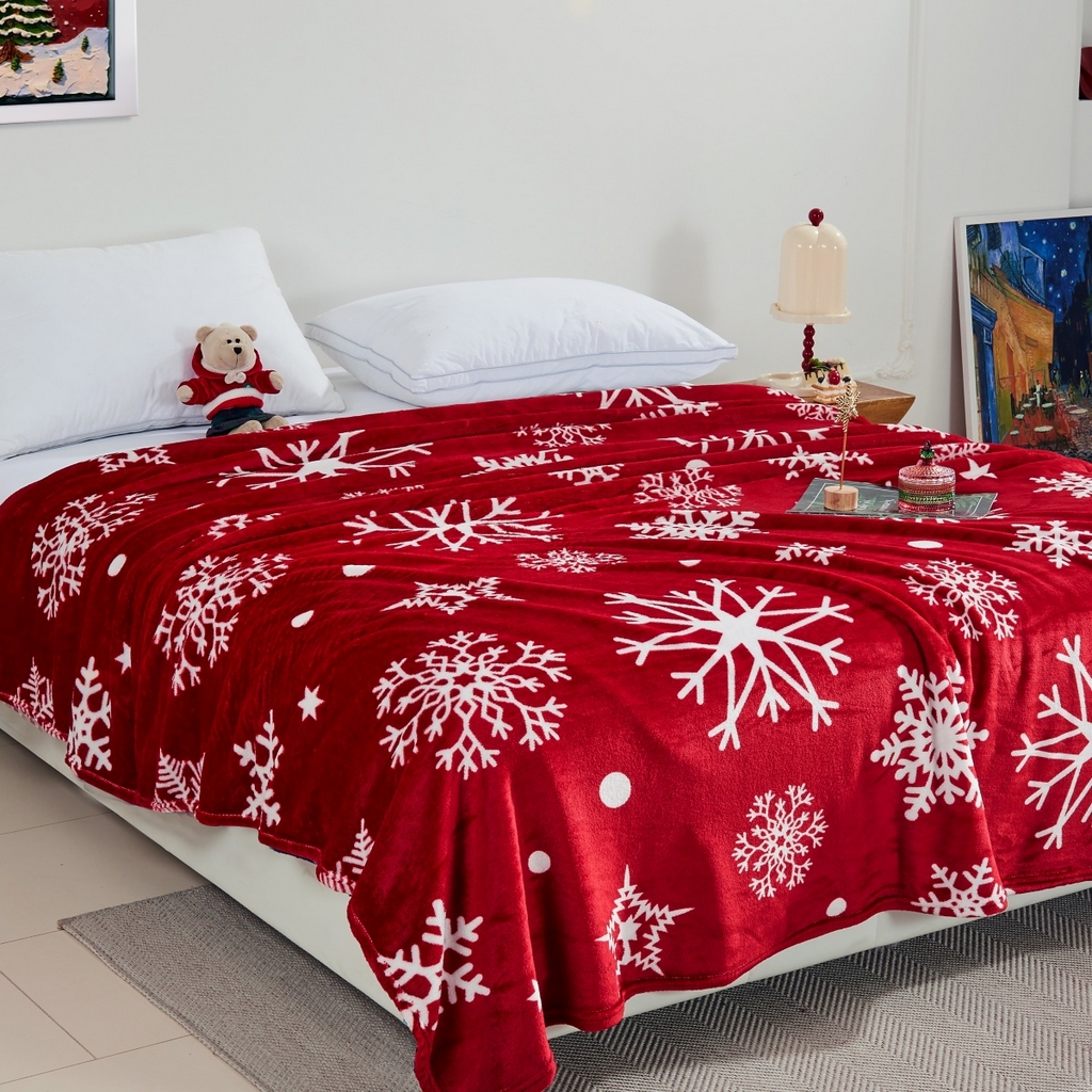 悦织湾家纺 2025新款圣诞风双面绒毛毯毯子牛奶绒印花法兰绒210克重法莱绒可铺可盖床单被子 圣诞雪花