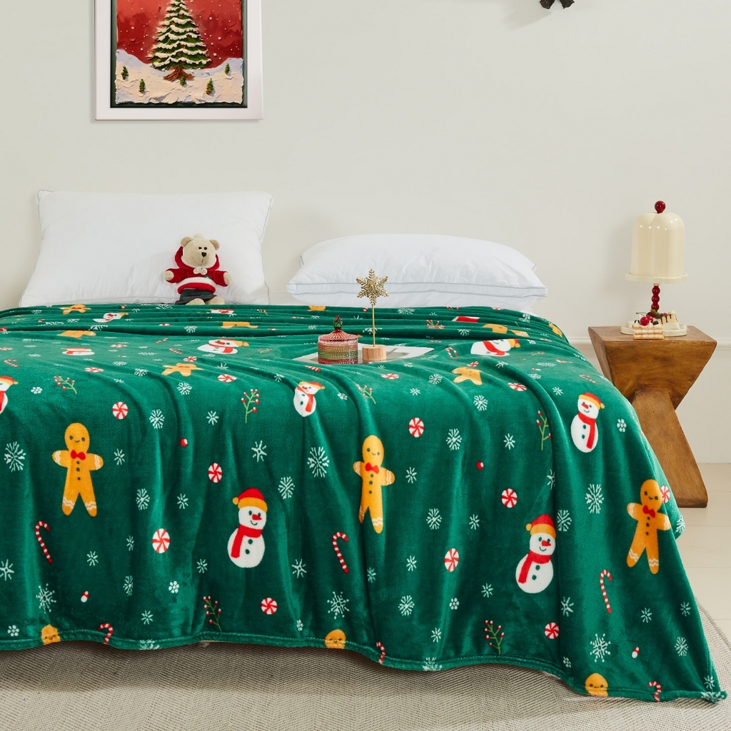 91家纺网 家纺一手货源 找家纺 悦织湾家纺 2025新款圣诞风双面绒毛毯毯子牛奶绒印花法兰绒210克重法莱绒可铺可盖床单被子 绿色雪人