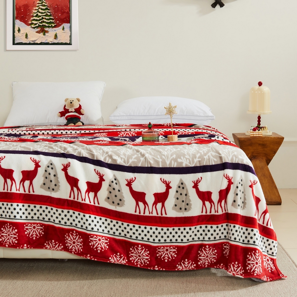 91家纺网 家纺一手货源 找家纺 悦织湾家纺 2025新款圣诞风双面绒毛毯毯子牛奶绒印花法兰绒210克重法莱绒可铺可盖床单被子 圣诞鹿
