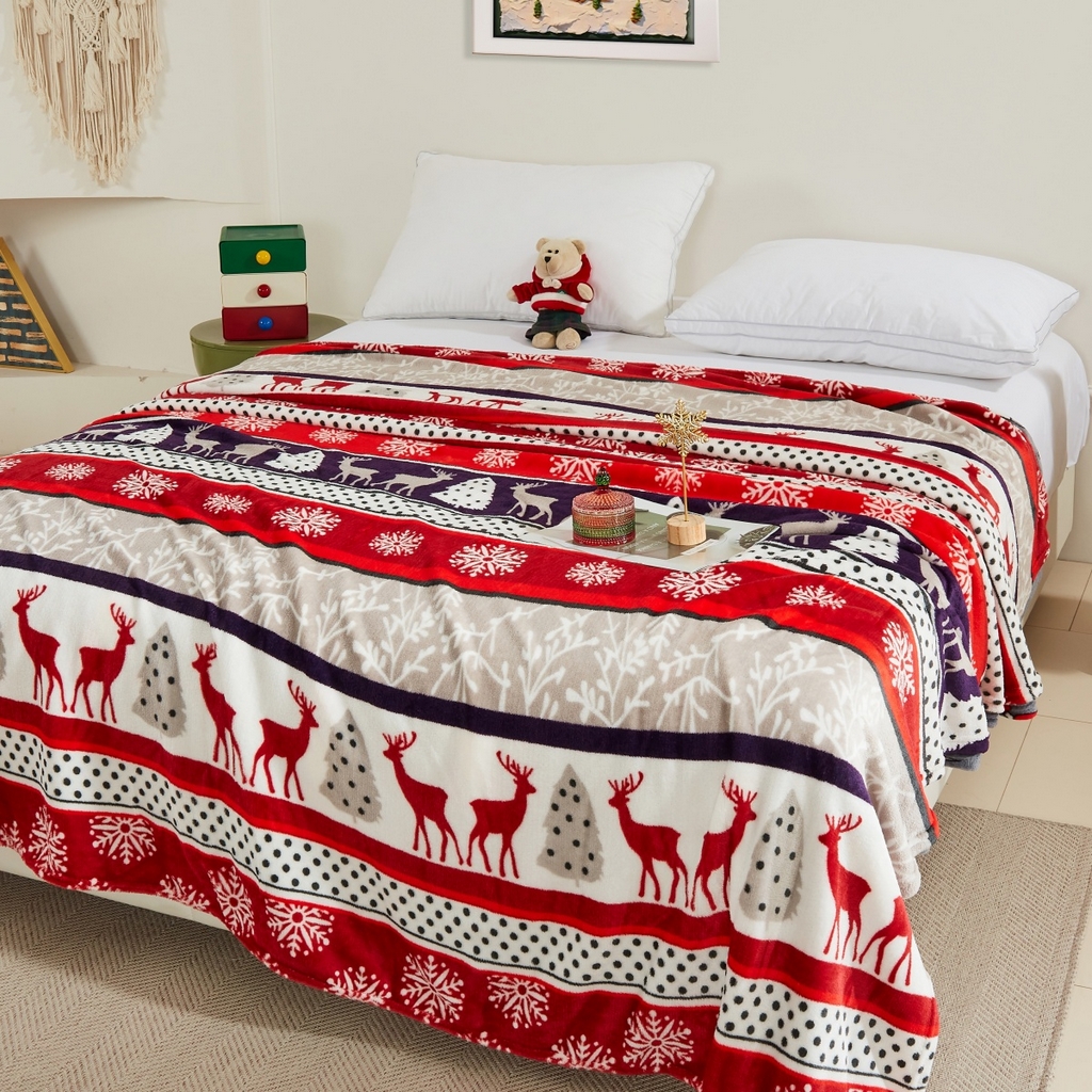 91家纺网 家纺一手货源 找家纺 悦织湾家纺 2025新款圣诞风双面绒毛毯毯子牛奶绒印花法兰绒210克重法莱绒可铺可盖床单被子 圣诞鹿