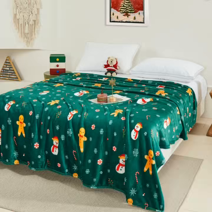91家纺网 家纺一手货源 找家纺 悦织湾家纺 2025新款圣诞风双面绒毛毯毯子牛奶绒印花法兰绒210克重法莱绒可铺可盖床单被子 绿色雪人