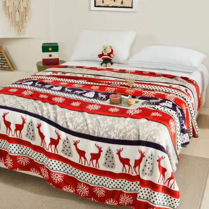 91家纺网 家纺一手货源 找家纺 悦织湾家纺 2025新款圣诞风双面绒毛毯毯子牛奶绒印花法兰绒210克重法莱绒可铺可盖床单被子 圣诞鹿