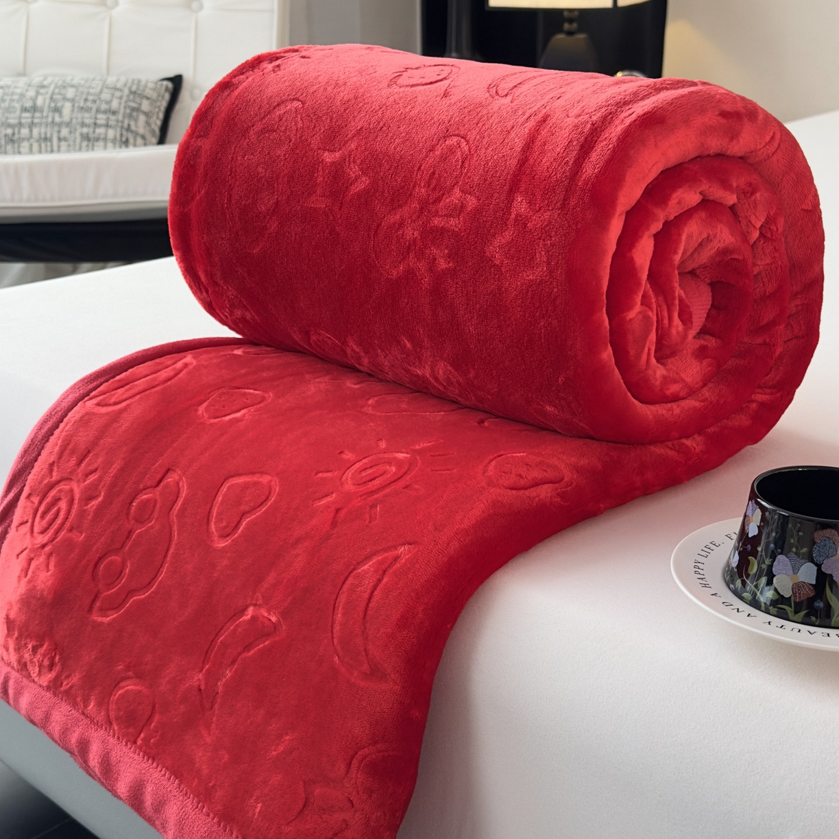 91家纺网 家纺一手货源 找家纺 悦织湾家纺 2025新款加厚星星月岁云毯轻奢时尚毛毯盖毯四季毯被子跨境外贸出口直播热销款 星星月岁云毯大红