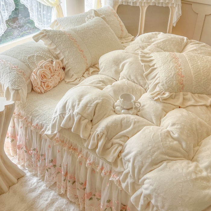 91家纺网 家纺一手货源 找家纺 瑞宝 2025新款雕花牛奶绒夹棉床裙三件套-花有约 花有约-奶油白