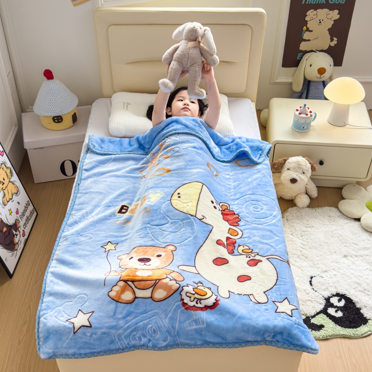 91家纺网 家纺一手货源 找家纺 悦织湾家纺 2025新款拉舍尔双层云绒童毯毯子卡通休闲沙发盖毯毛毯儿童婴幼儿宝宝小毯子 宝宝乐园5#蓝