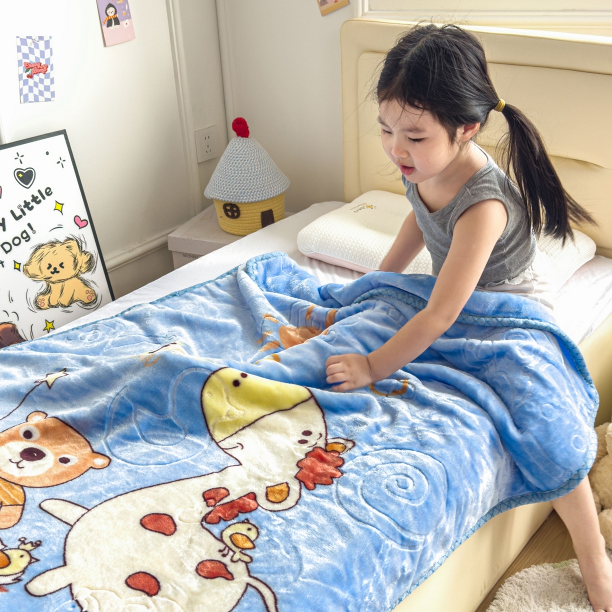 91家纺网 家纺一手货源 找家纺 悦织湾家纺 2025新款拉舍尔双层云绒童毯毯子卡通休闲沙发盖毯毛毯儿童婴幼儿宝宝小毯子 宝宝乐园5#蓝