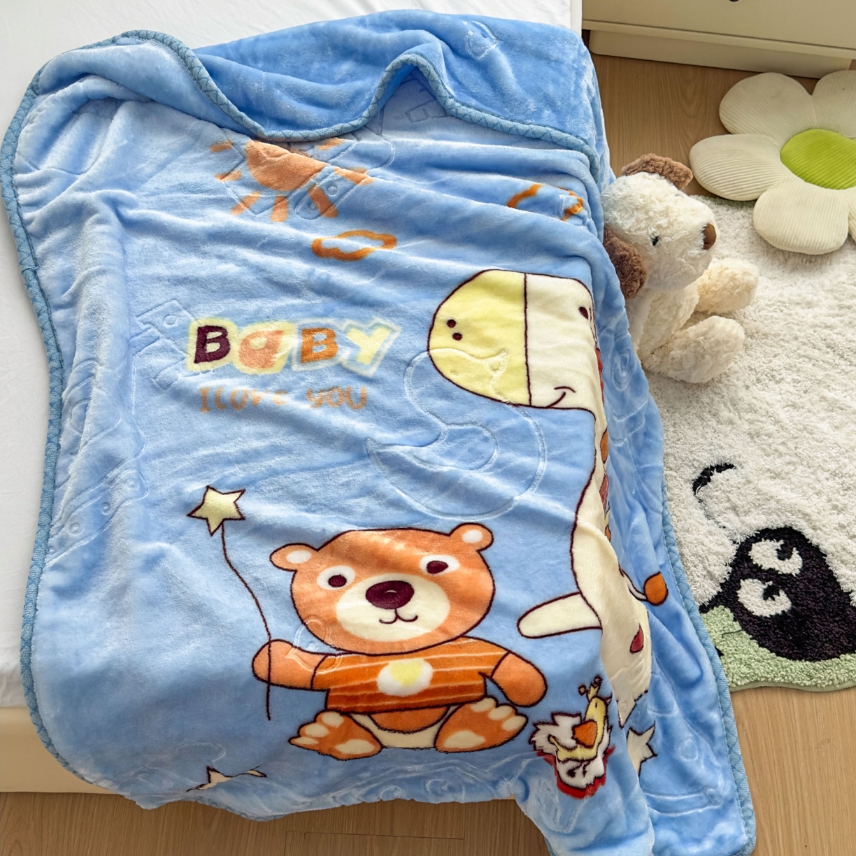 91家纺网 家纺一手货源 找家纺 悦织湾家纺 2025新款拉舍尔双层云绒童毯毯子卡通休闲沙发盖毯毛毯儿童婴幼儿宝宝小毯子 宝宝乐园5#蓝