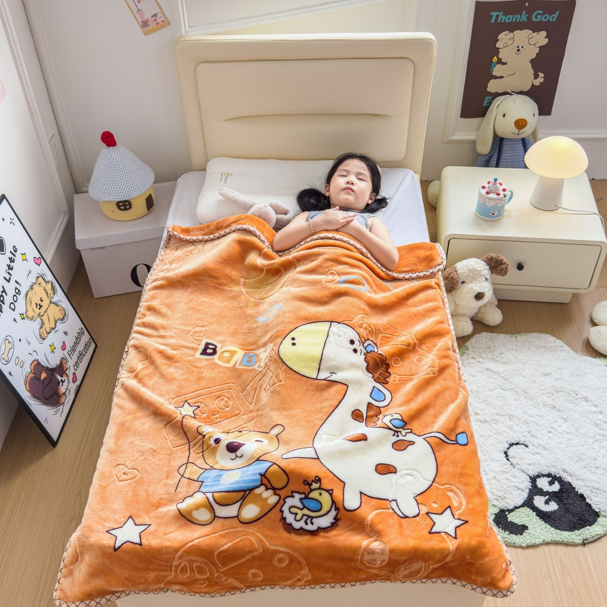 91家纺网 家纺一手货源 找家纺 悦织湾家纺 2025新款拉舍尔双层云绒童毯毯子卡通休闲沙发盖毯毛毯儿童婴幼儿宝宝小毯子 宝宝乐园7#卡桔色