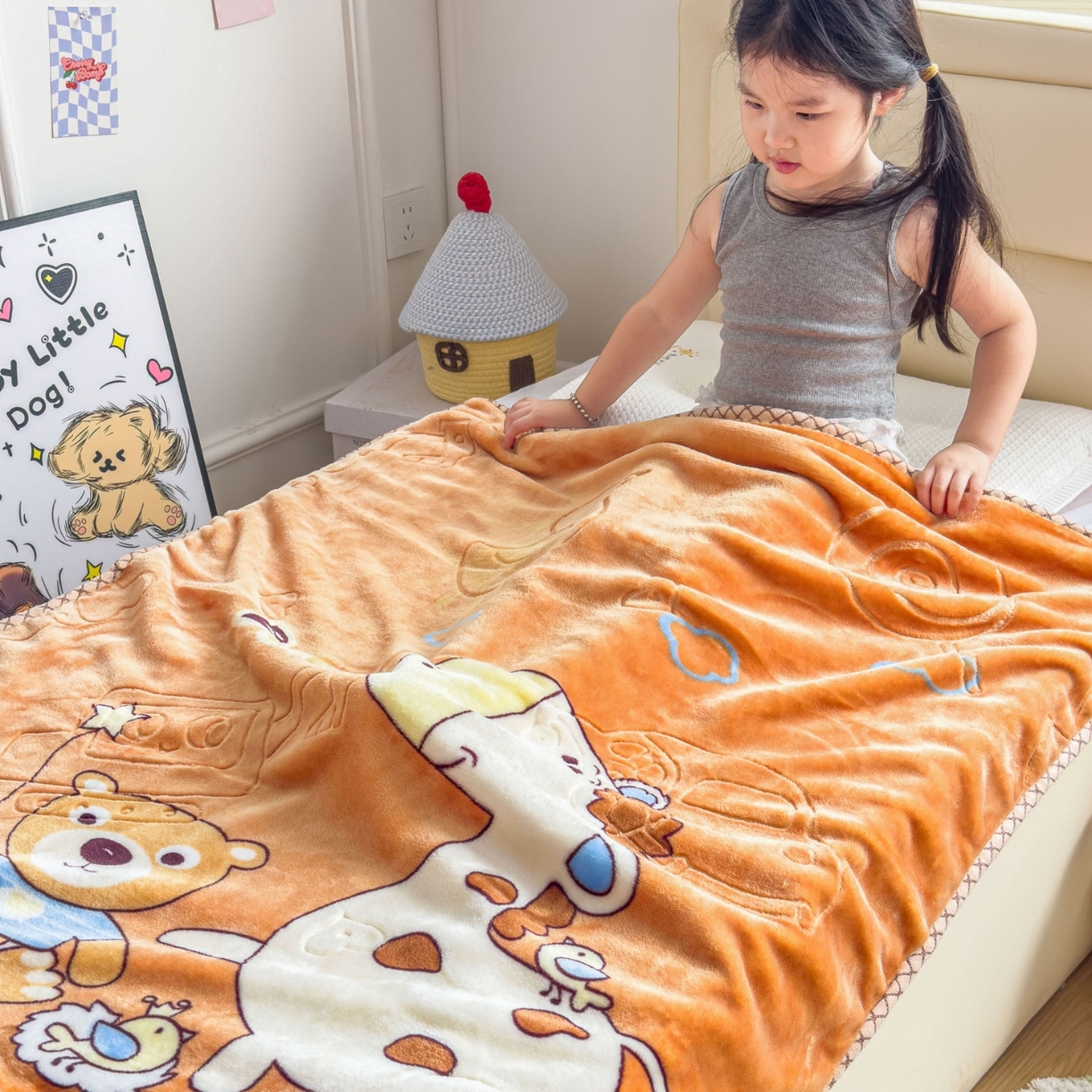 91家纺网 家纺一手货源 找家纺 悦织湾家纺 2025新款拉舍尔双层云绒童毯毯子卡通休闲沙发盖毯毛毯儿童婴幼儿宝宝小毯子 宝宝乐园7#卡桔色