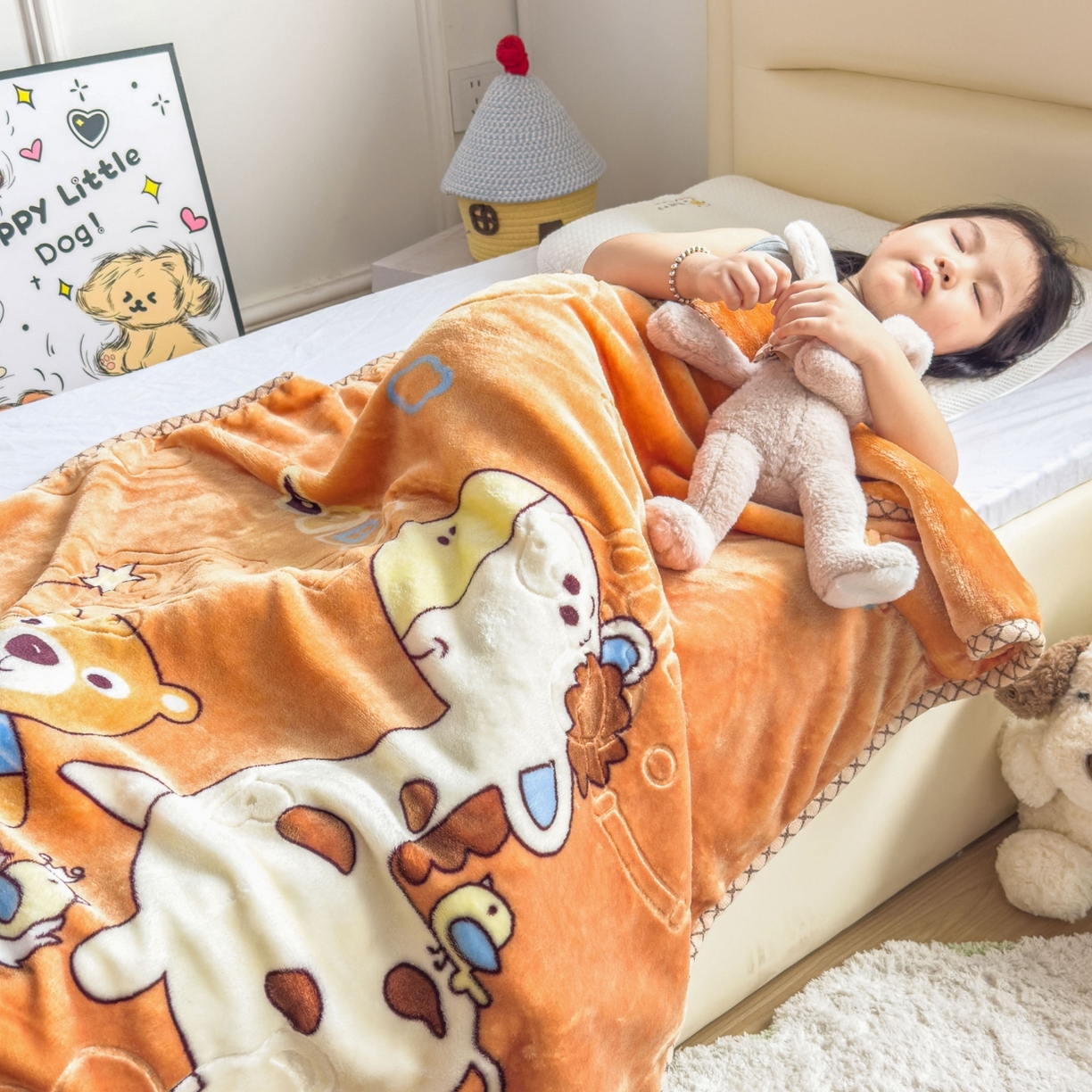 91家纺网 家纺一手货源 找家纺 悦织湾家纺 2025新款拉舍尔双层云绒童毯毯子卡通休闲沙发盖毯毛毯儿童婴幼儿宝宝小毯子 宝宝乐园7#卡桔色