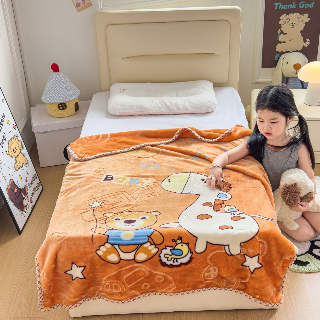 91家纺网 家纺一手货源 找家纺 悦织湾家纺 2025新款拉舍尔双层云绒童毯毯子卡通休闲沙发盖毯毛毯儿童婴幼儿宝宝小毯子 宝宝乐园7#卡桔色