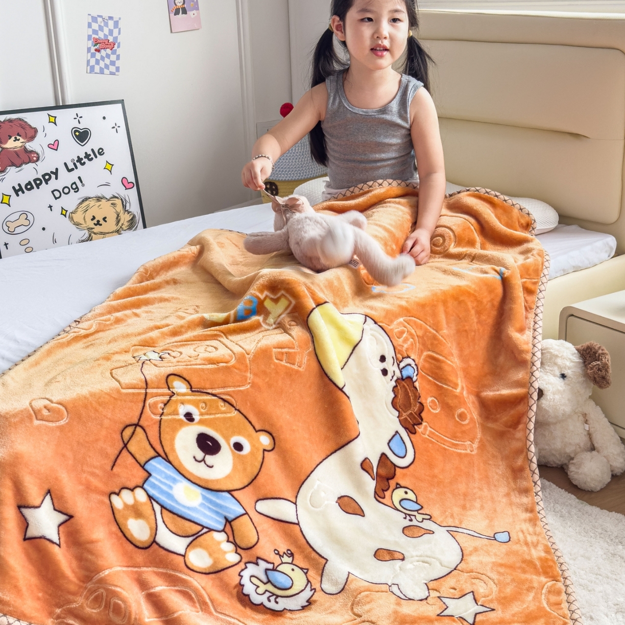 91家纺网 家纺一手货源 找家纺 悦织湾家纺 2025新款拉舍尔双层云绒童毯毯子卡通休闲沙发盖毯毛毯儿童婴幼儿宝宝小毯子 宝宝乐园7#卡桔色