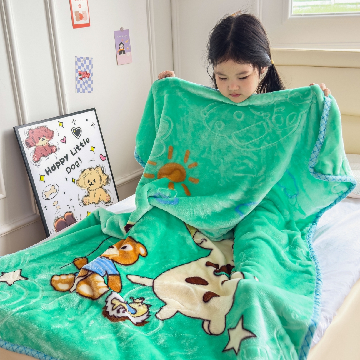 91家纺网 家纺一手货源 找家纺 悦织湾家纺 2025新款拉舍尔双层云绒童毯毯子卡通休闲沙发盖毯毛毯儿童婴幼儿宝宝小毯子 宝宝乐园11#绿