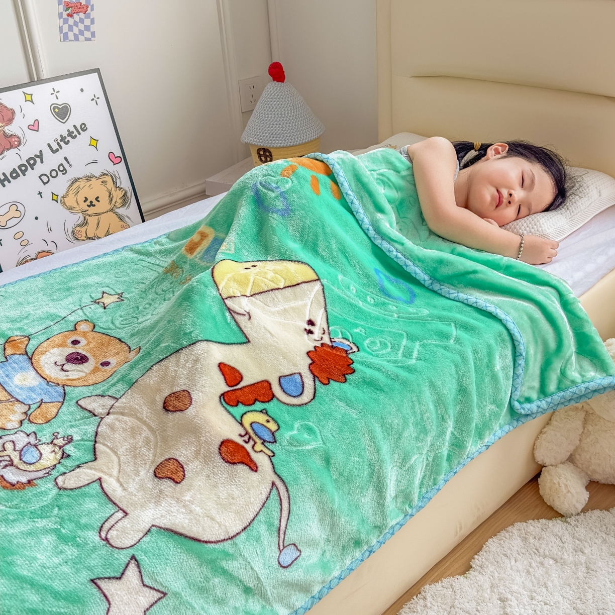 91家纺网 家纺一手货源 找家纺 悦织湾家纺 2025新款拉舍尔双层云绒童毯毯子卡通休闲沙发盖毯毛毯儿童婴幼儿宝宝小毯子 宝宝乐园11#绿