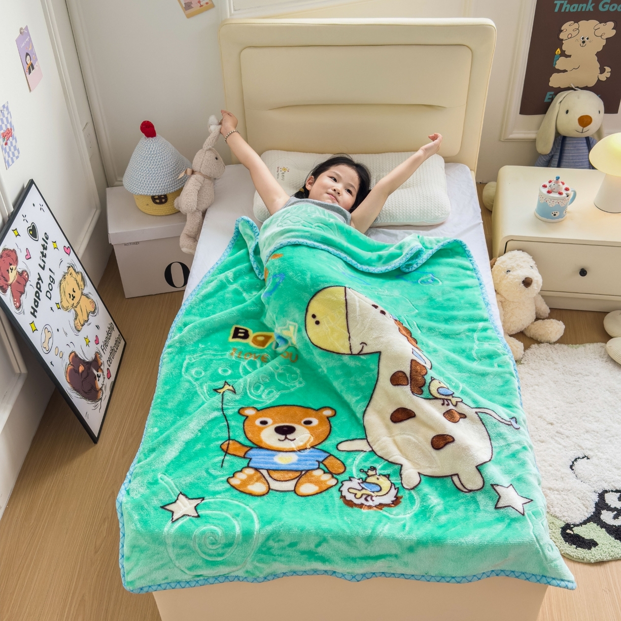 91家纺网 家纺一手货源 找家纺 悦织湾家纺 2025新款拉舍尔双层云绒童毯毯子卡通休闲沙发盖毯毛毯儿童婴幼儿宝宝小毯子 宝宝乐园11#绿
