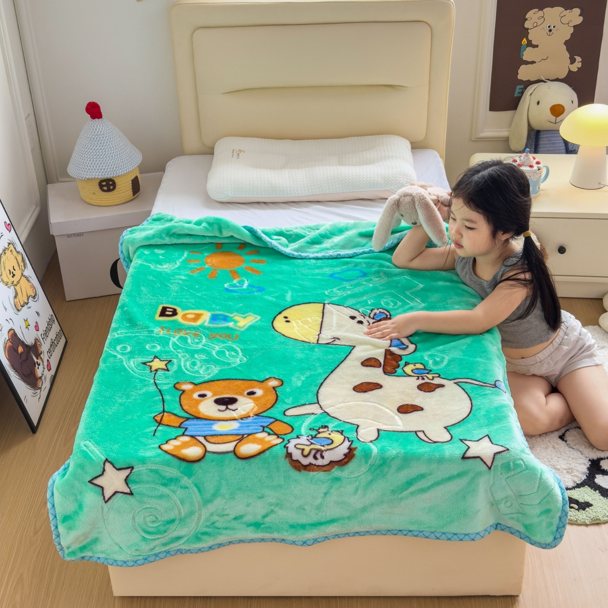 91家纺网 家纺一手货源 找家纺 悦织湾家纺 2025新款拉舍尔双层云绒童毯毯子卡通休闲沙发盖毯毛毯儿童婴幼儿宝宝小毯子 宝宝乐园11#绿