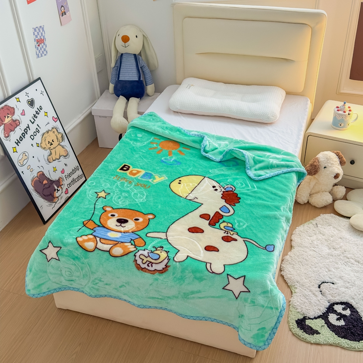 91家纺网 家纺一手货源 找家纺 悦织湾家纺 2025新款拉舍尔双层云绒童毯毯子卡通休闲沙发盖毯毛毯儿童婴幼儿宝宝小毯子 宝宝乐园11#绿