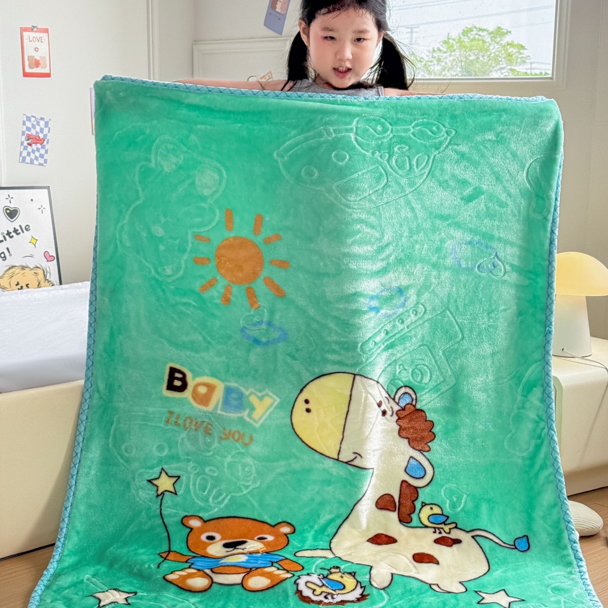 91家纺网 家纺一手货源 找家纺 悦织湾家纺 2025新款拉舍尔双层云绒童毯毯子卡通休闲沙发盖毯毛毯儿童婴幼儿宝宝小毯子 宝宝乐园11#绿