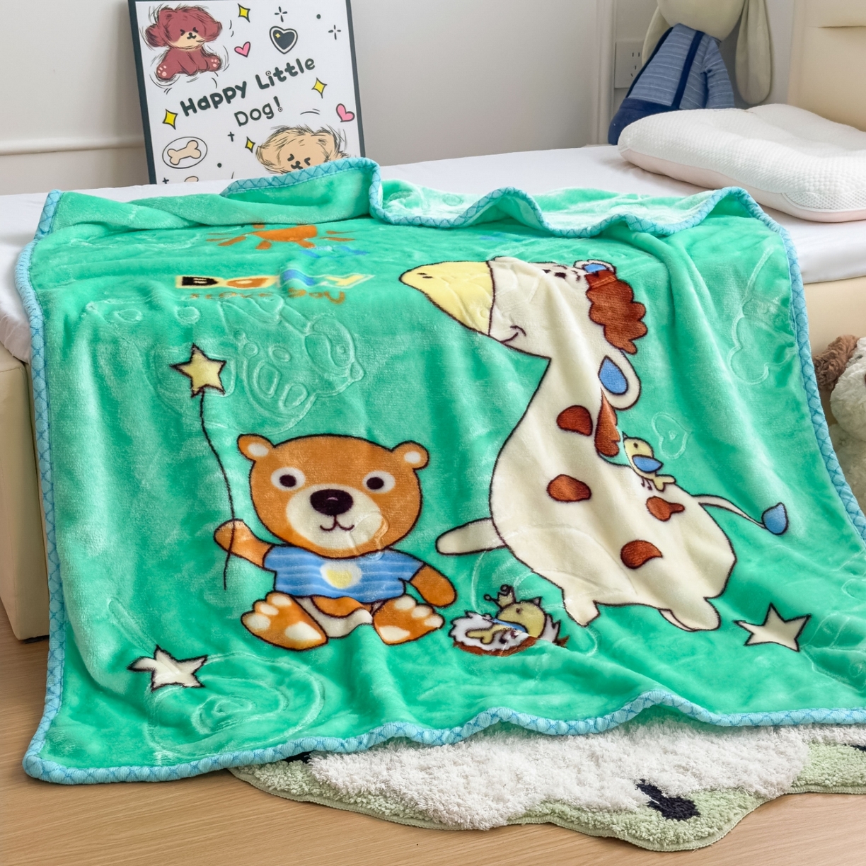 91家纺网 家纺一手货源 找家纺 悦织湾家纺 2025新款拉舍尔双层云绒童毯毯子卡通休闲沙发盖毯毛毯儿童婴幼儿宝宝小毯子 宝宝乐园11#绿