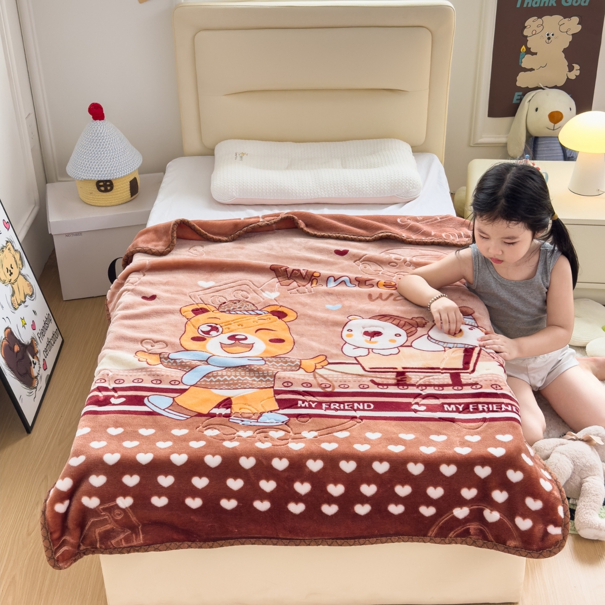 91家纺网 家纺一手货源 找家纺 悦织湾家纺 2025新款拉舍尔双层云绒童毯毯子卡通休闲沙发盖毯毛毯儿童婴幼儿宝宝小毯子 冰上运动20#咖