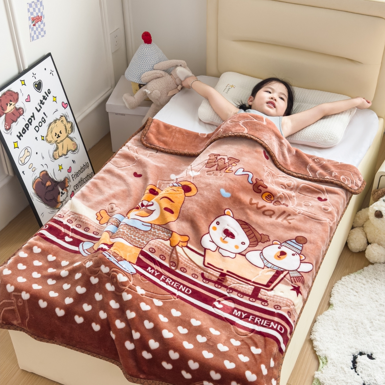 91家纺网 家纺一手货源 找家纺 悦织湾家纺 2025新款拉舍尔双层云绒童毯毯子卡通休闲沙发盖毯毛毯儿童婴幼儿宝宝小毯子 冰上运动20#咖