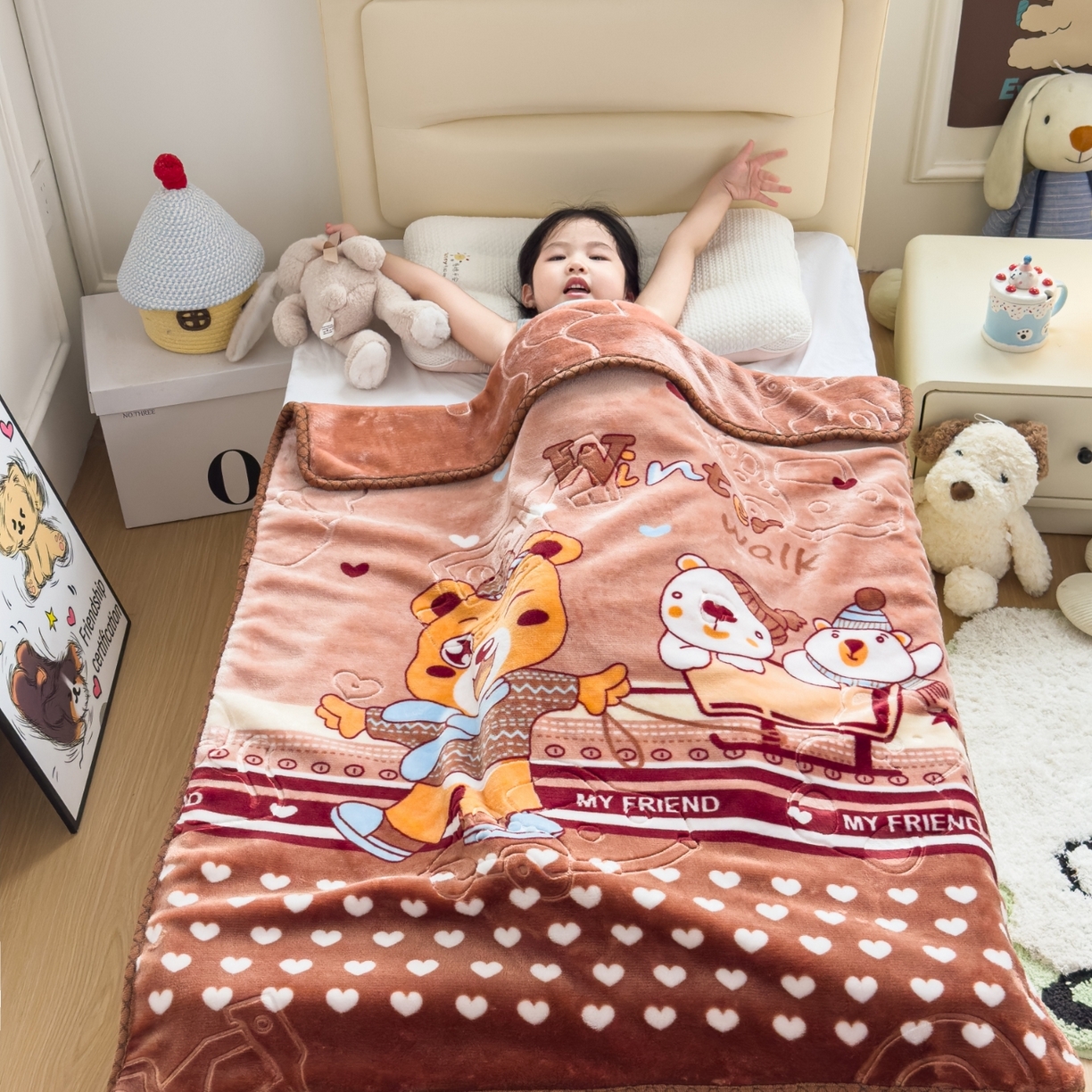 91家纺网 家纺一手货源 找家纺 悦织湾家纺 2025新款拉舍尔双层云绒童毯毯子卡通休闲沙发盖毯毛毯儿童婴幼儿宝宝小毯子 冰上运动20#咖
