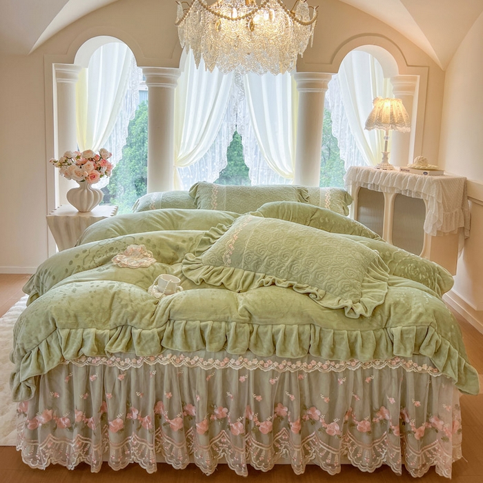 瑞宝 2025新款雕花牛奶绒夹棉床裙四件套-花有约 花有约-青柠绿
