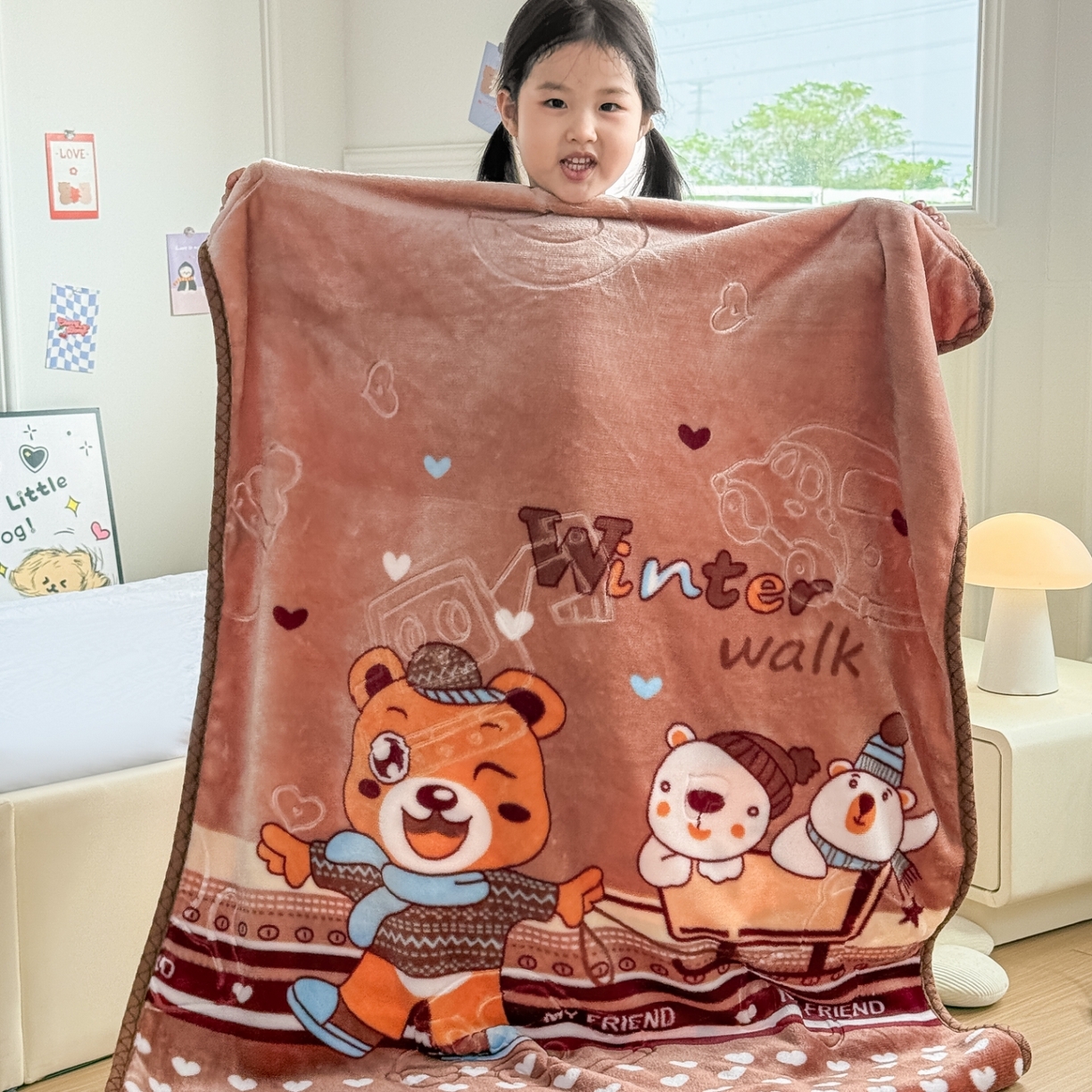 91家纺网 家纺一手货源 找家纺 悦织湾家纺 2025新款拉舍尔双层云绒童毯毯子卡通休闲沙发盖毯毛毯儿童婴幼儿宝宝小毯子 冰上运动20#咖