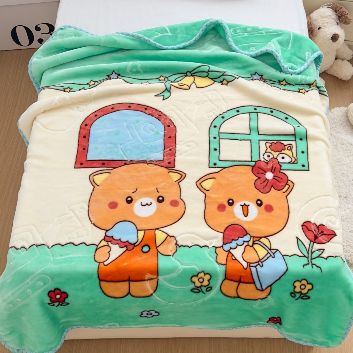 91家纺网 家纺一手货源 找家纺 悦织湾家纺 2025新款拉舍尔双层云绒童毯毯子卡通休闲沙发盖毯毛毯儿童婴幼儿宝宝小毯子 可爱小熊2#绿