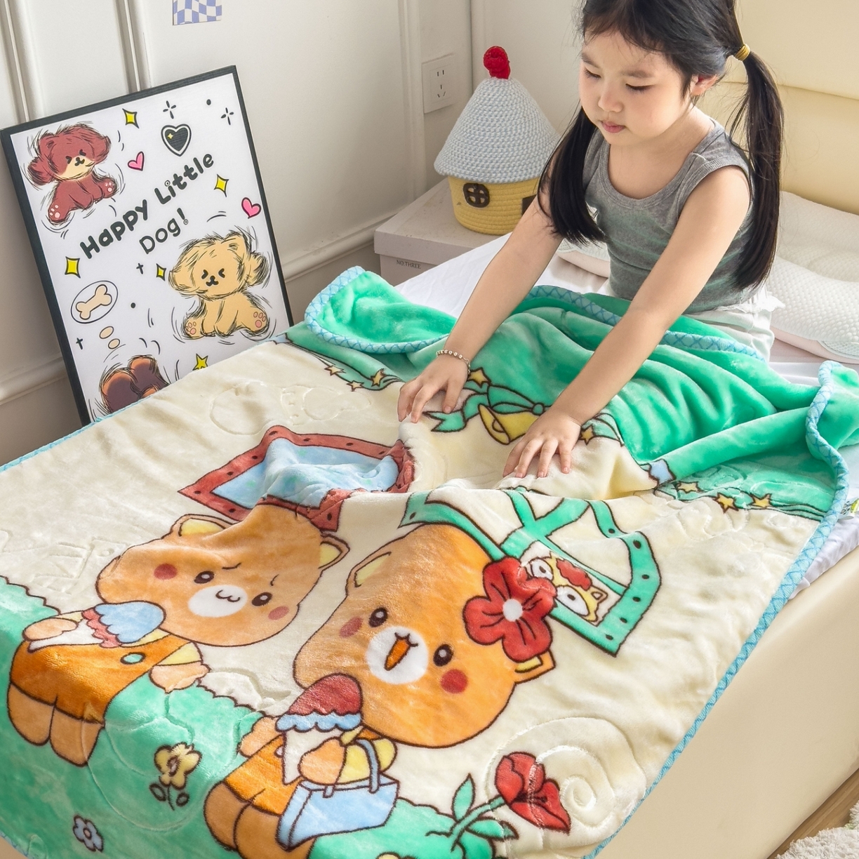 91家纺网 家纺一手货源 找家纺 悦织湾家纺 2025新款拉舍尔双层云绒童毯毯子卡通休闲沙发盖毯毛毯儿童婴幼儿宝宝小毯子 可爱小熊2#绿