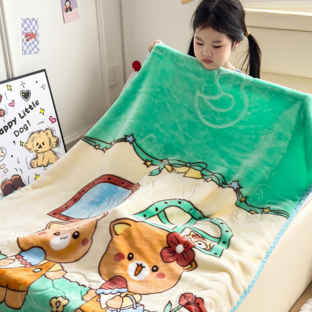 91家纺网 家纺一手货源 找家纺 悦织湾家纺 2025新款拉舍尔双层云绒童毯毯子卡通休闲沙发盖毯毛毯儿童婴幼儿宝宝小毯子 可爱小熊2#绿