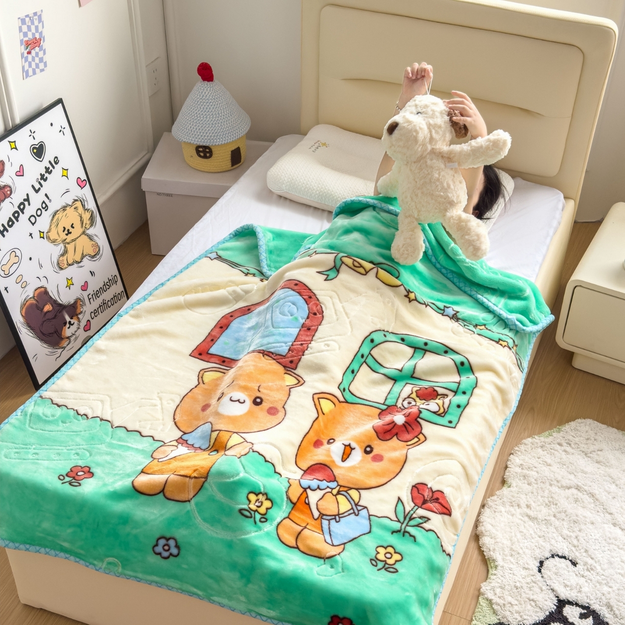 91家纺网 家纺一手货源 找家纺 悦织湾家纺 2025新款拉舍尔双层云绒童毯毯子卡通休闲沙发盖毯毛毯儿童婴幼儿宝宝小毯子 可爱小熊2#绿