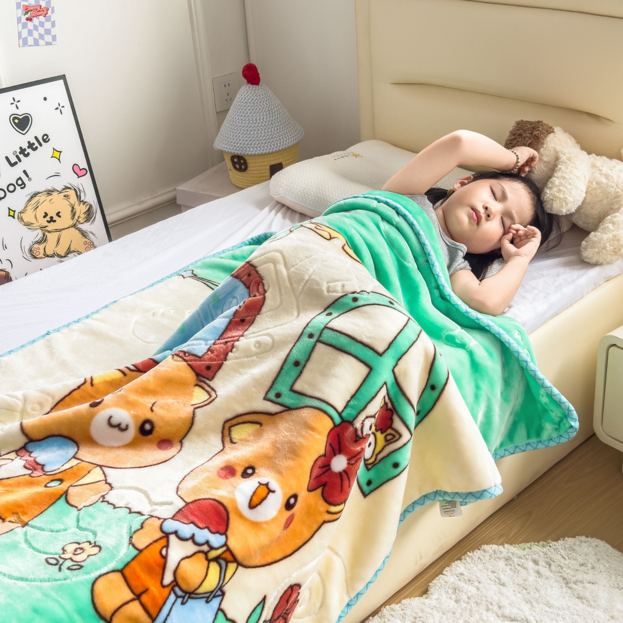 91家纺网 家纺一手货源 找家纺 悦织湾家纺 2025新款拉舍尔双层云绒童毯毯子卡通休闲沙发盖毯毛毯儿童婴幼儿宝宝小毯子 可爱小熊2#绿