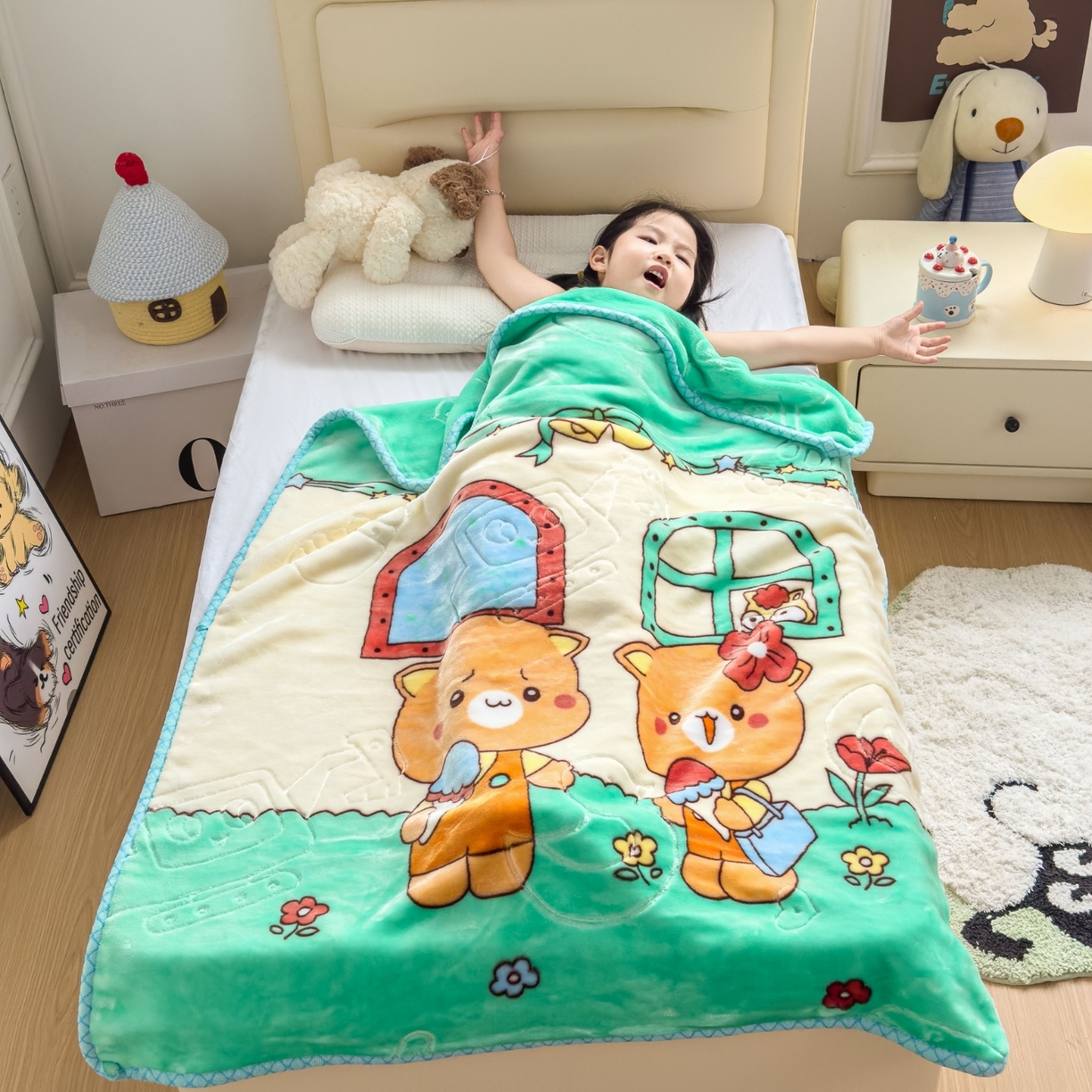 91家纺网 家纺一手货源 找家纺 悦织湾家纺 2025新款拉舍尔双层云绒童毯毯子卡通休闲沙发盖毯毛毯儿童婴幼儿宝宝小毯子 可爱小熊2#绿