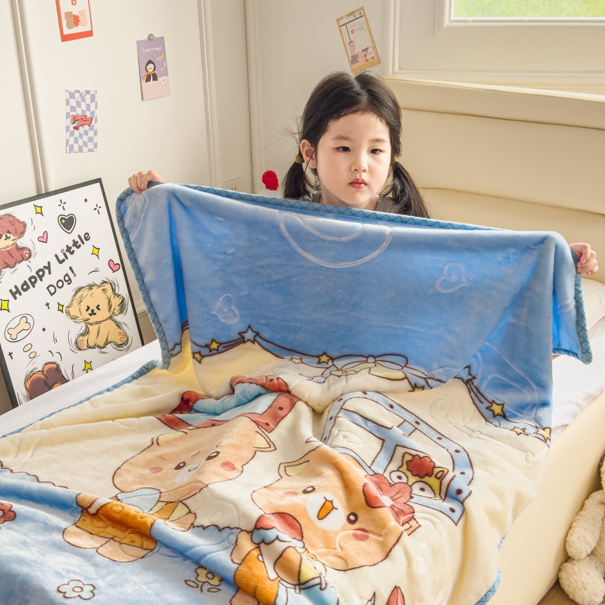 91家纺网 家纺一手货源 找家纺 悦织湾家纺 2025新款拉舍尔双层云绒童毯毯子卡通休闲沙发盖毯毛毯儿童婴幼儿宝宝小毯子 可爱小熊12#蓝