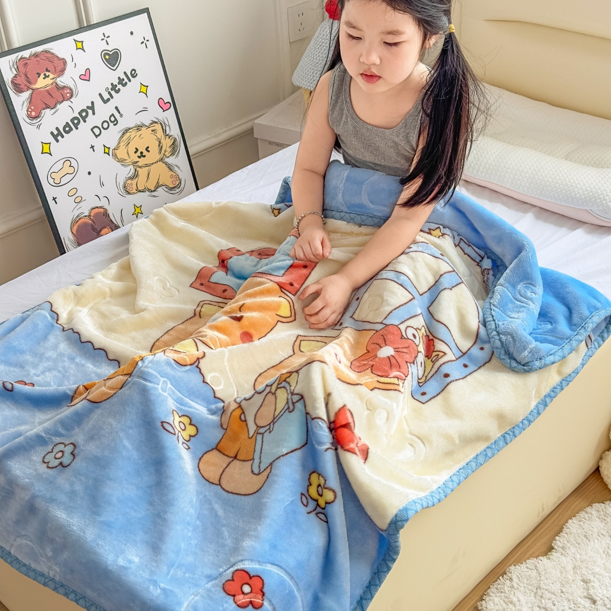 91家纺网 家纺一手货源 找家纺 悦织湾家纺 2025新款拉舍尔双层云绒童毯毯子卡通休闲沙发盖毯毛毯儿童婴幼儿宝宝小毯子 可爱小熊12#蓝