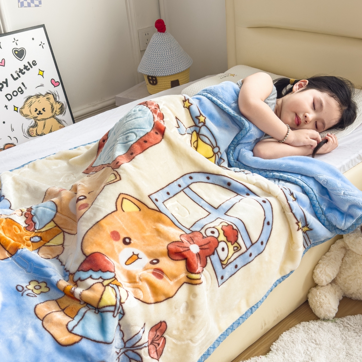 91家纺网 家纺一手货源 找家纺 悦织湾家纺 2025新款拉舍尔双层云绒童毯毯子卡通休闲沙发盖毯毛毯儿童婴幼儿宝宝小毯子 可爱小熊12#蓝