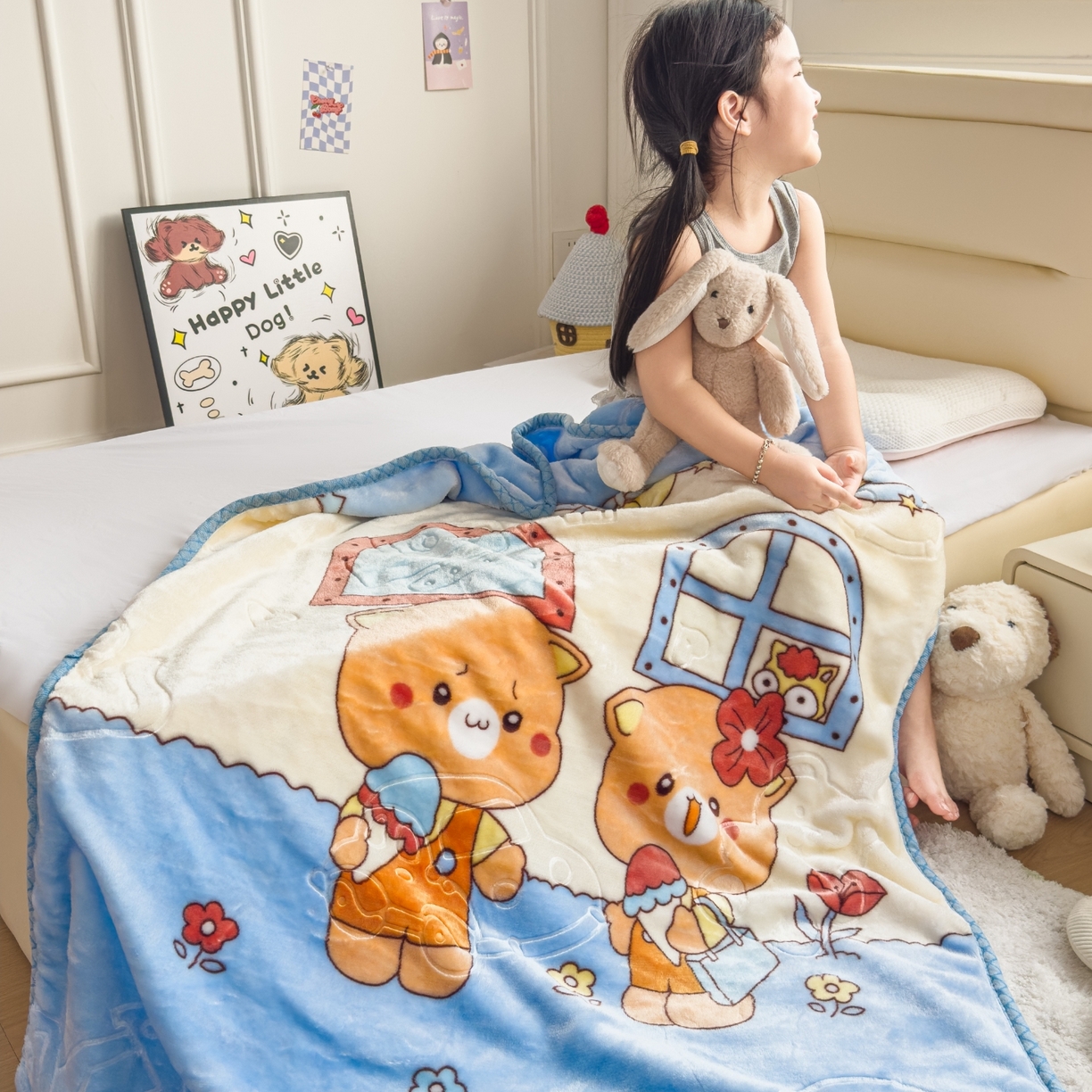91家纺网 家纺一手货源 找家纺 悦织湾家纺 2025新款拉舍尔双层云绒童毯毯子卡通休闲沙发盖毯毛毯儿童婴幼儿宝宝小毯子 可爱小熊12#蓝