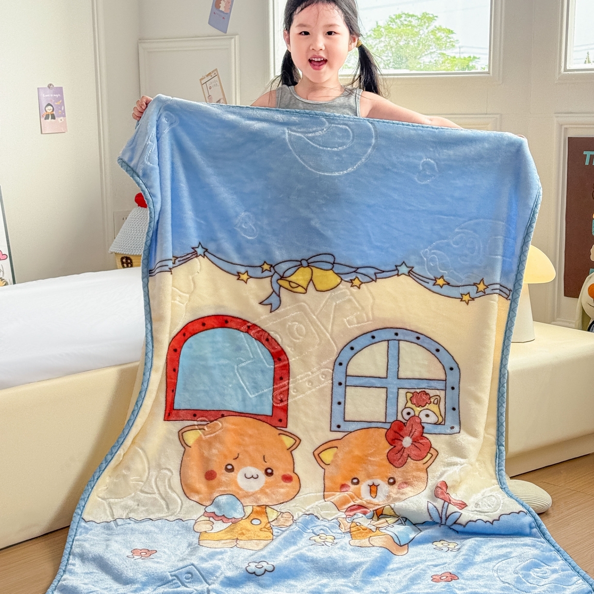 91家纺网 家纺一手货源 找家纺 悦织湾家纺 2025新款拉舍尔双层云绒童毯毯子卡通休闲沙发盖毯毛毯儿童婴幼儿宝宝小毯子 可爱小熊12#蓝