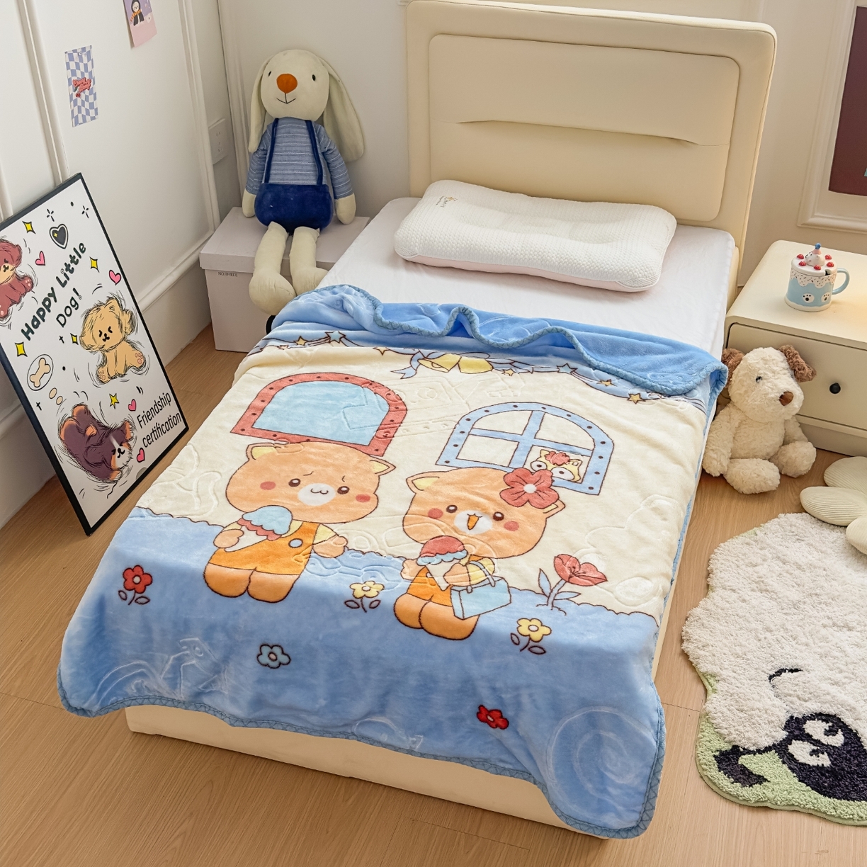 91家纺网 家纺一手货源 找家纺 悦织湾家纺 2025新款拉舍尔双层云绒童毯毯子卡通休闲沙发盖毯毛毯儿童婴幼儿宝宝小毯子 可爱小熊12#蓝