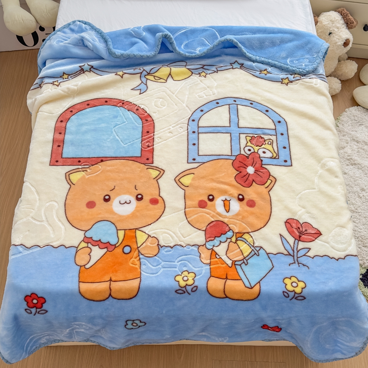 91家纺网 家纺一手货源 找家纺 悦织湾家纺 2025新款拉舍尔双层云绒童毯毯子卡通休闲沙发盖毯毛毯儿童婴幼儿宝宝小毯子 可爱小熊12#蓝