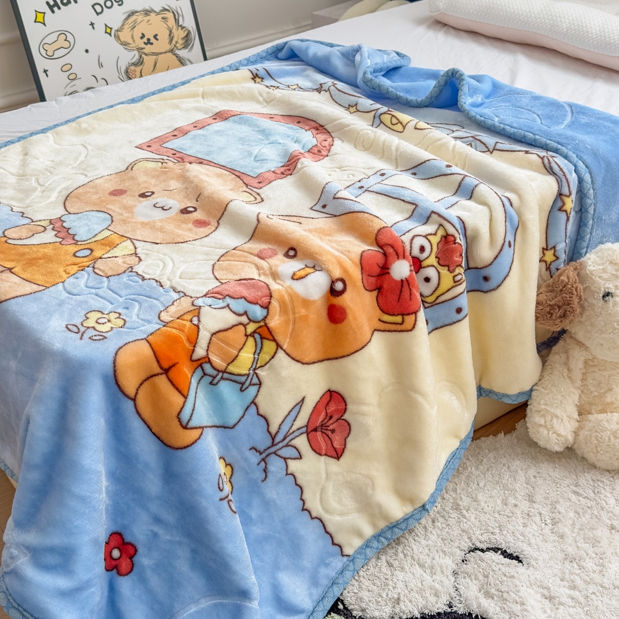 91家纺网 家纺一手货源 找家纺 悦织湾家纺 2025新款拉舍尔双层云绒童毯毯子卡通休闲沙发盖毯毛毯儿童婴幼儿宝宝小毯子 可爱小熊12#蓝