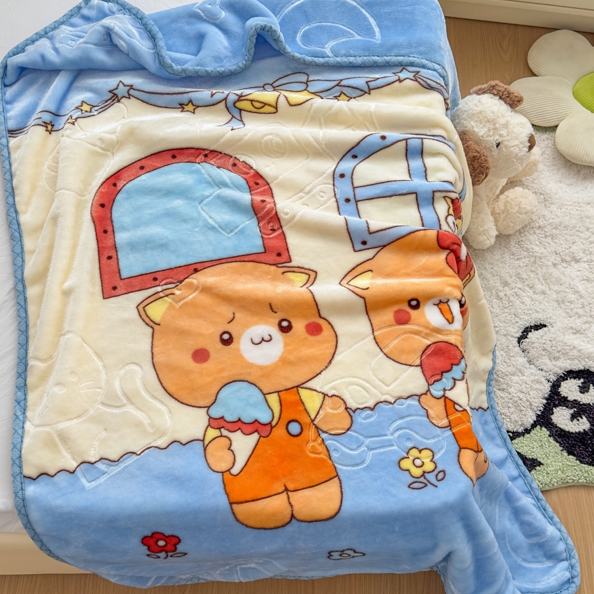 91家纺网 家纺一手货源 找家纺 悦织湾家纺 2025新款拉舍尔双层云绒童毯毯子卡通休闲沙发盖毯毛毯儿童婴幼儿宝宝小毯子 可爱小熊12#蓝