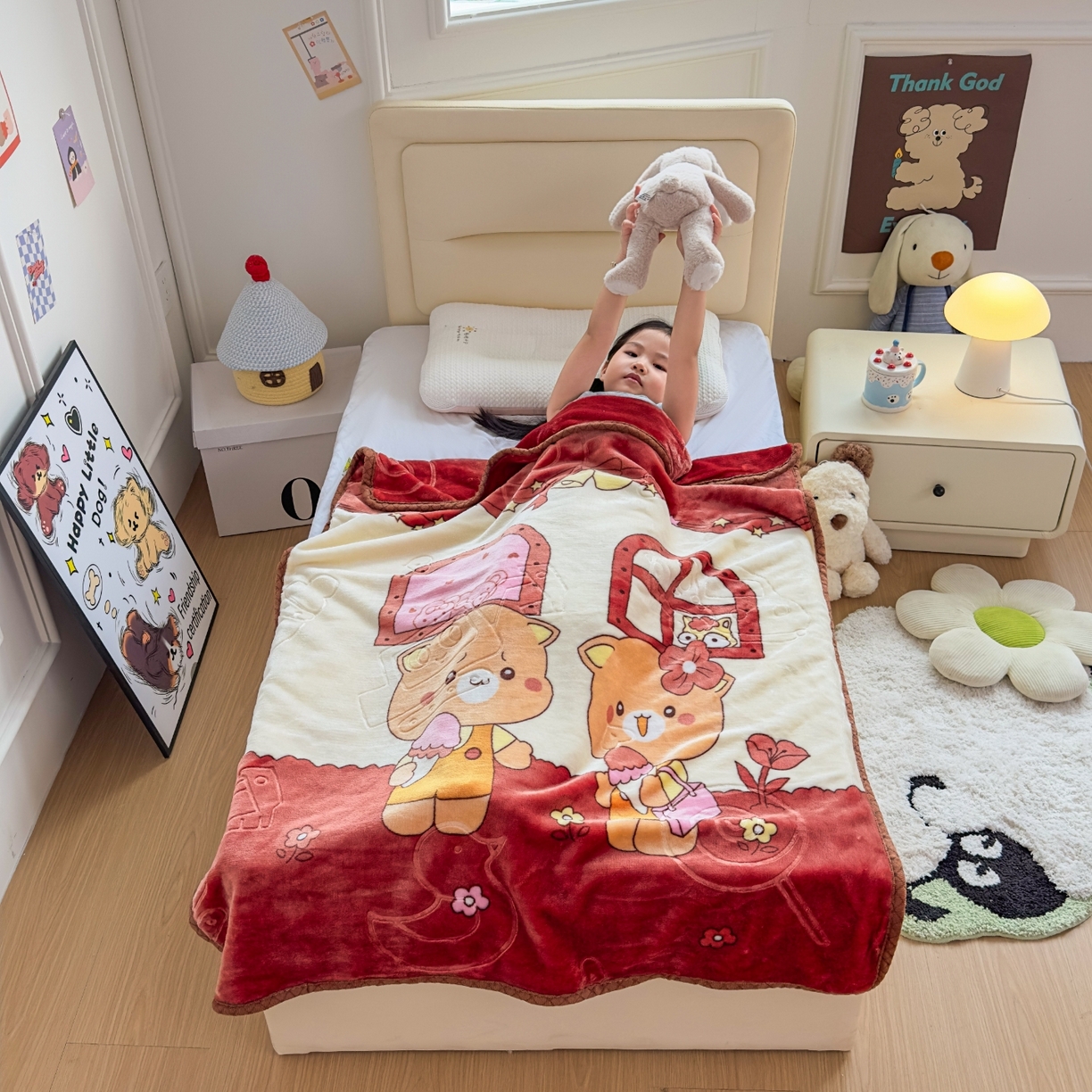 91家纺网 家纺一手货源 找家纺 悦织湾家纺 2025新款拉舍尔双层云绒童毯毯子卡通休闲沙发盖毯毛毯儿童婴幼儿宝宝小毯子 可爱小熊21#咖啡色