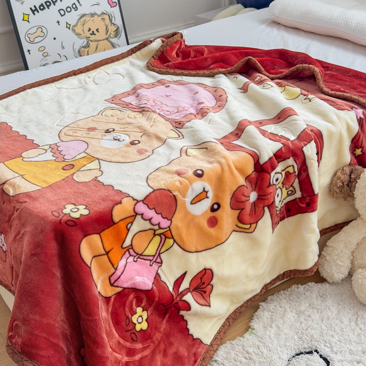 91家纺网 家纺一手货源 找家纺 悦织湾家纺 2025新款拉舍尔双层云绒童毯毯子卡通休闲沙发盖毯毛毯儿童婴幼儿宝宝小毯子 可爱小熊21#咖啡色