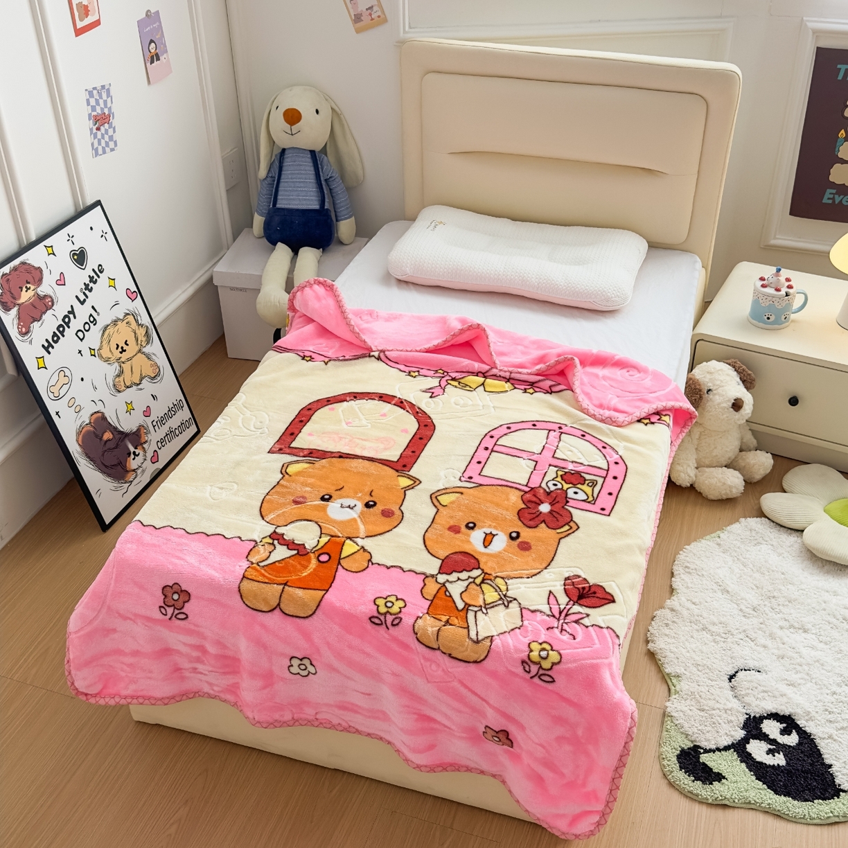 91家纺网 家纺一手货源 找家纺 悦织湾家纺 2025新款拉舍尔双层云绒童毯毯子卡通休闲沙发盖毯毛毯儿童婴幼儿宝宝小毯子 可爱小熊22#粉