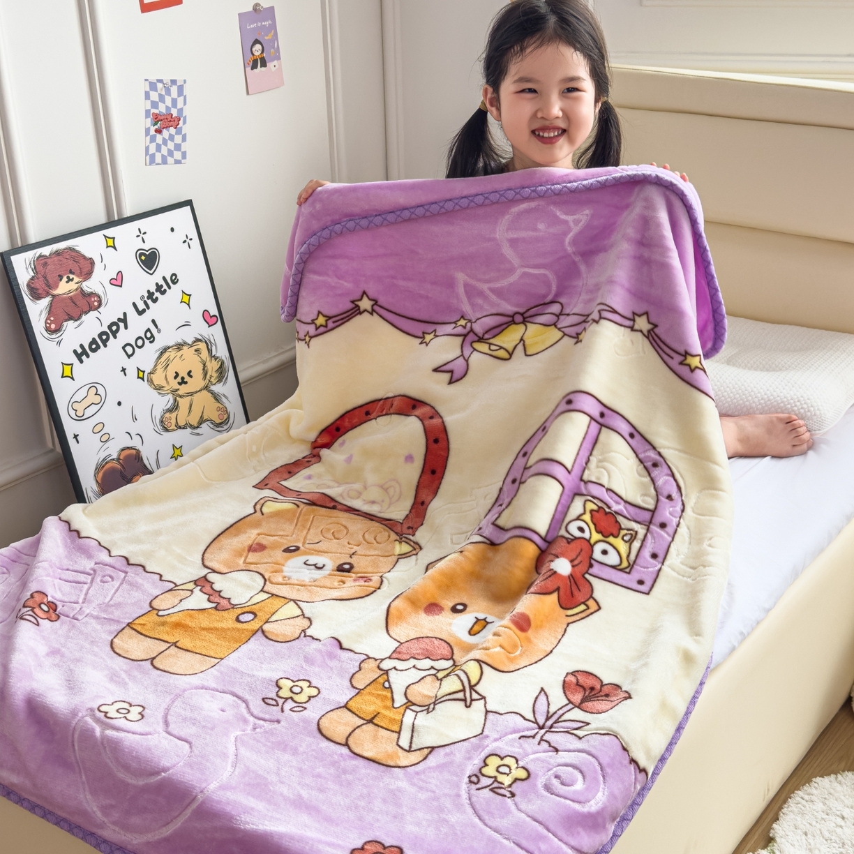 91家纺网 家纺一手货源 找家纺 悦织湾家纺 2025新款拉舍尔双层云绒童毯毯子卡通休闲沙发盖毯毛毯儿童婴幼儿宝宝小毯子 可爱小熊24#紫