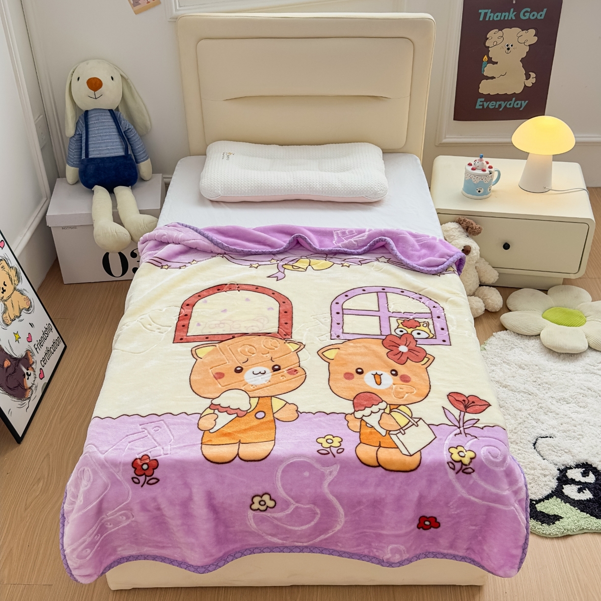 91家纺网 家纺一手货源 找家纺 悦织湾家纺 2025新款拉舍尔双层云绒童毯毯子卡通休闲沙发盖毯毛毯儿童婴幼儿宝宝小毯子 可爱小熊24#紫